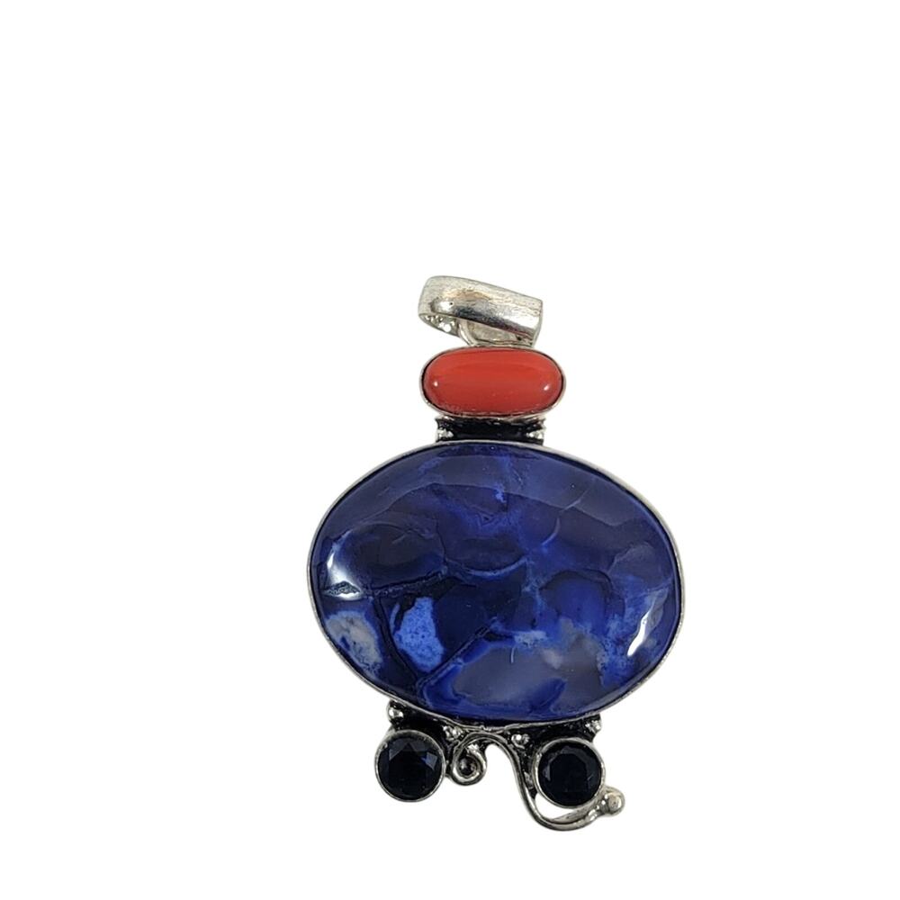 Handmade Silver Pendant with Blue Agate, Red Coral & Onyx